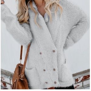 Fuzzy warm double buttons front open cardigan